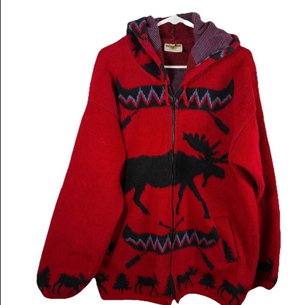 Earth Ragz Jacket Red Cabincore Moose Women XL Full Zip Hooded Handmade Equador
